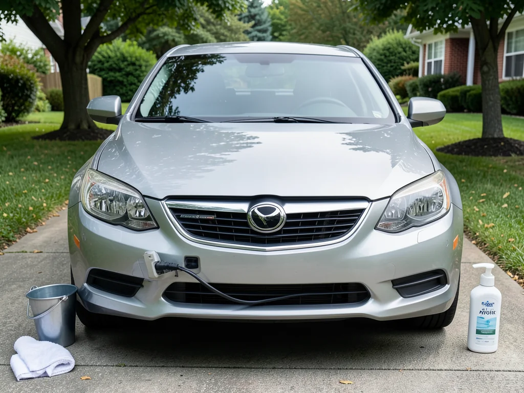 Wash-and-wax shampoo, two wash buckets, and a microfiber mitt beside a clean car