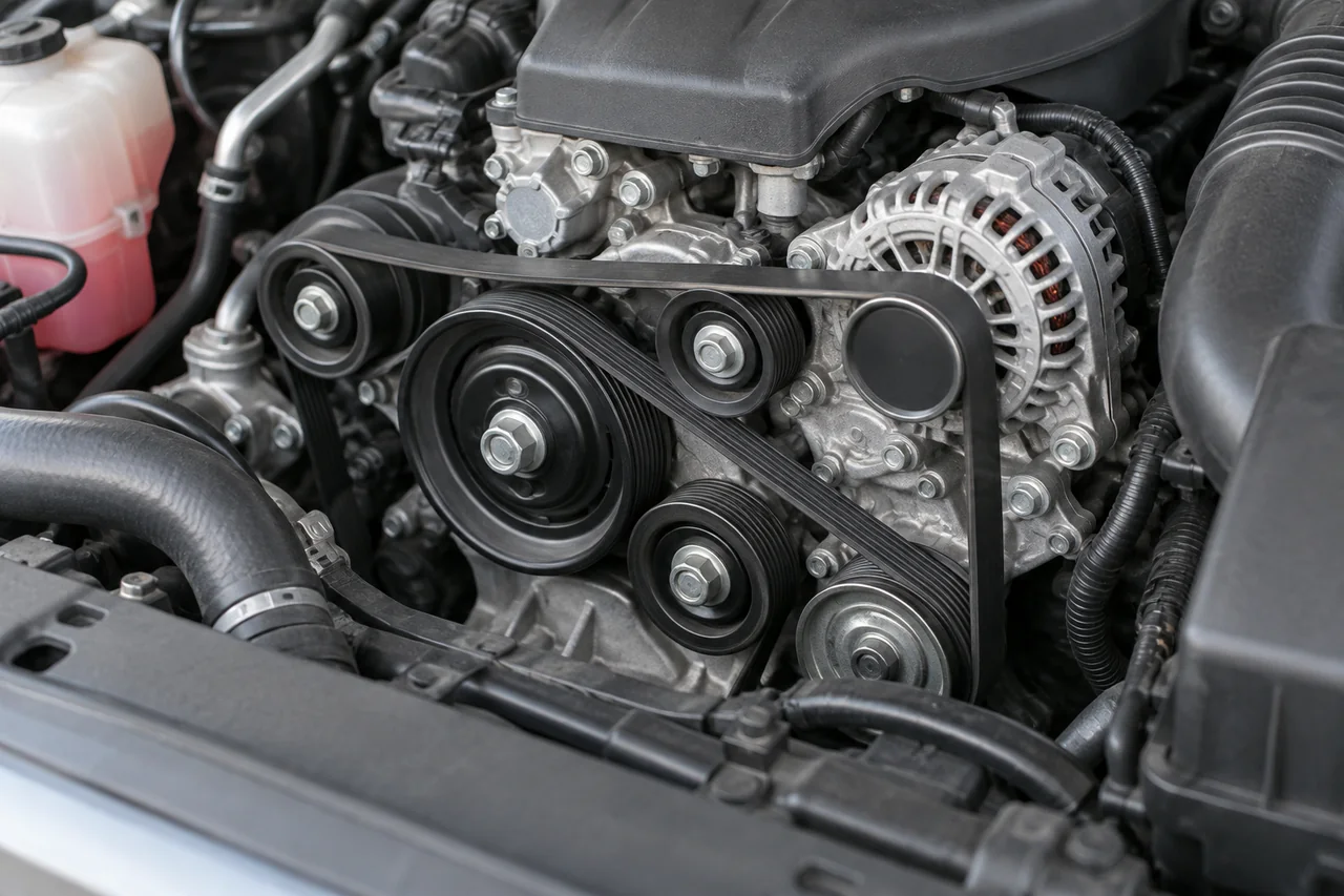 Illustration of an accessory belt routed around pulleys in an engine bay with the engine off