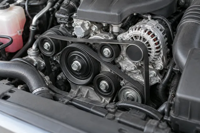 Illustration of an accessory belt routed around pulleys in an engine bay with the engine off