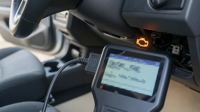 OBD-II scan tool plugged into a car's diagnostic port, reading manufacturer-specific engine trouble codes