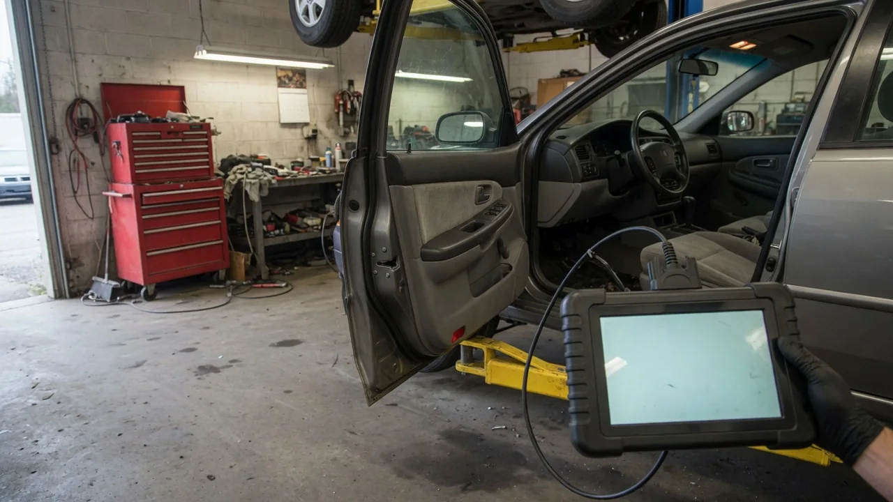 Diagnostic scan tool displaying P1464 beside a parked vehicle in an automotive workshop