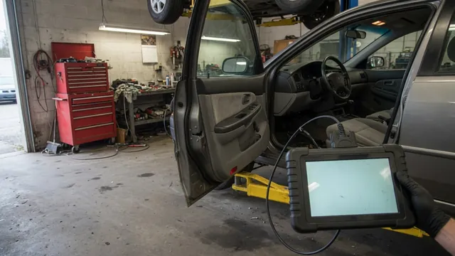 Diagnostic scan tool displaying P1464 beside a parked vehicle in an automotive workshop