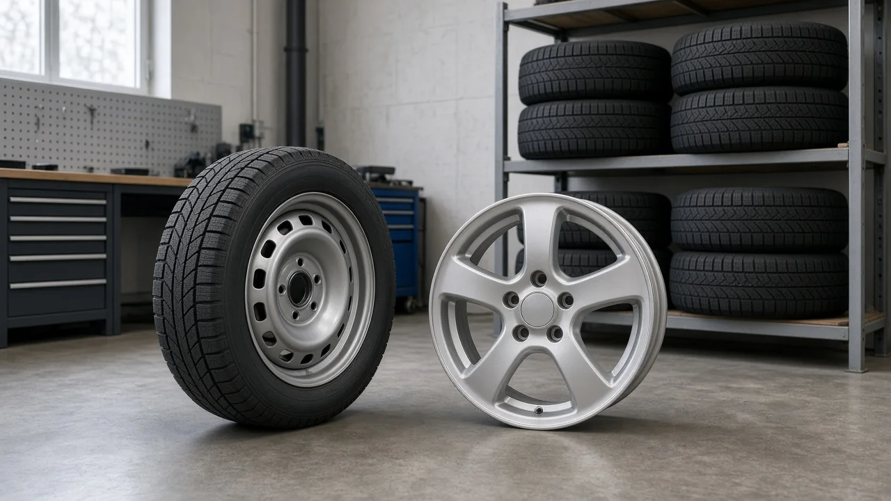Winter tires mounted on steel and alloy wheels beside a neatly stored seasonal wheel set