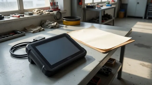 Diagnostic scanner displaying P1440 beside a vehicle information checklist