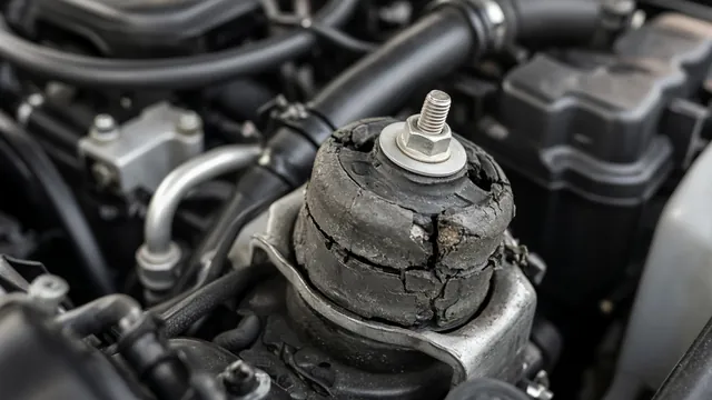 Close-up of a worn engine mount with cracked rubber inside a car engine bay