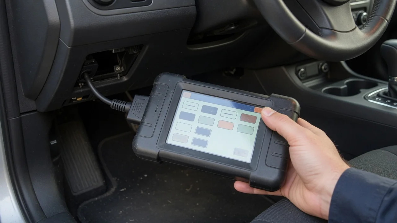 OBD-II scan tool plugged into a car's diagnostic port, reading a trouble code