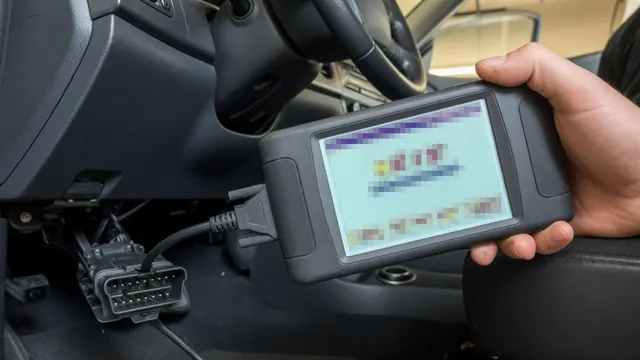 Handheld OBD-II scan tool plugged into a car's diagnostic port, showing a list of trouble codes
