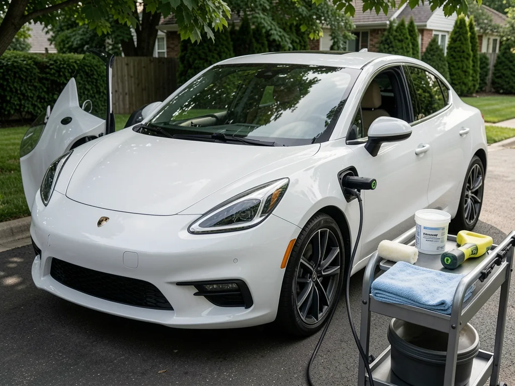 A clean new car with a foam wax applicator and microfiber towels beside it in a shaded driveway.