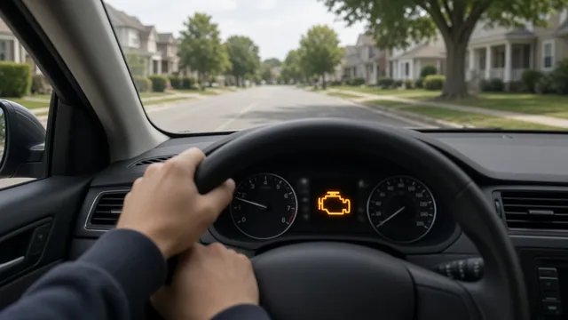 Driver's view of a car dashboard with the check engine light on while driving on a suburban road