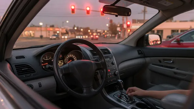 Driver's view of a crossover SUV idling in drive at a stoplight, with the tachometer showing a low, uneven idle