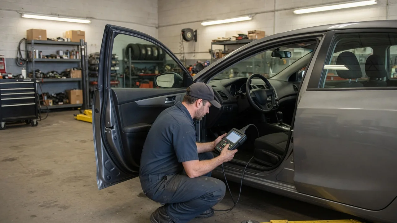 Diagnostic scanner connected beneath a vehicle dashboard while a technician reviews vehicle information