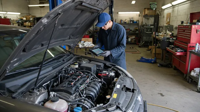Technician reviewing fuel pressure diagnostic data on a scan tool beside an open engine bay