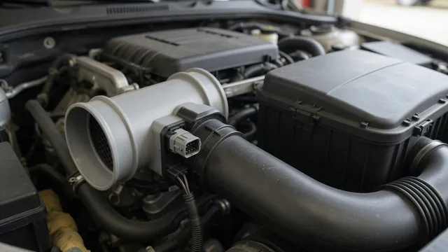 Illustration of a mass air flow sensor in an intake duct near an engine air filter housing