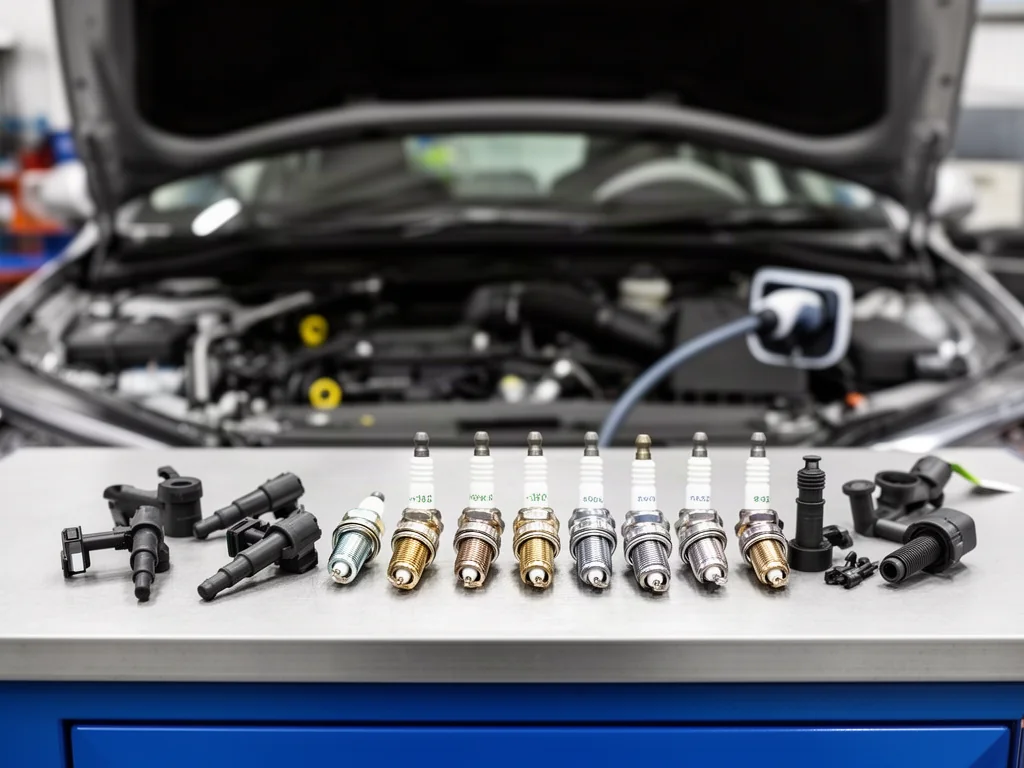 Spark plugs and ignition coils arranged on a clean automotive workshop bench