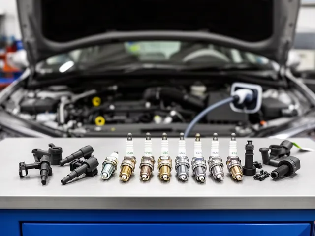 Spark plugs and ignition coils arranged on a clean automotive workshop bench