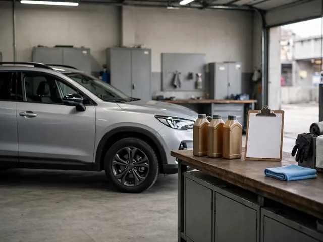 Subaru parked in a clean service bay with sealed gear oil containers on a nearby workbench