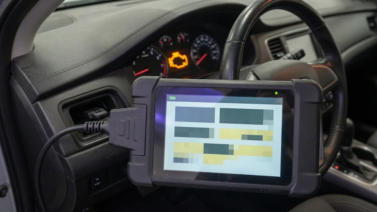 OBD-II scan tool connected under a car dashboard to read a P1735 trouble code while the check engine light is on