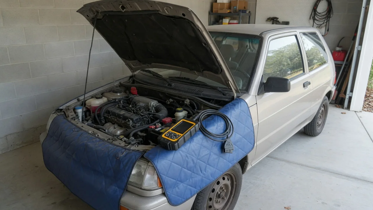 Compact hatchback with its hood open in a garage and an OBD-II scan tool on the fender, ready for a rough idle check
