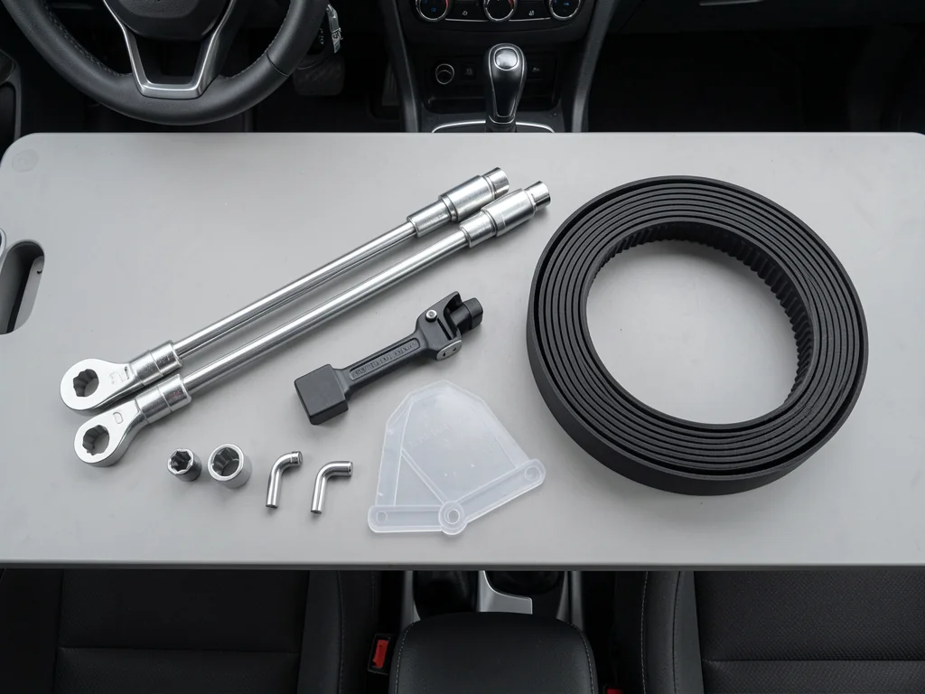 Serpentine belt tools on a workbench, including a tensioner bar, ratcheting wrench, sockets and a coiled ribbed belt