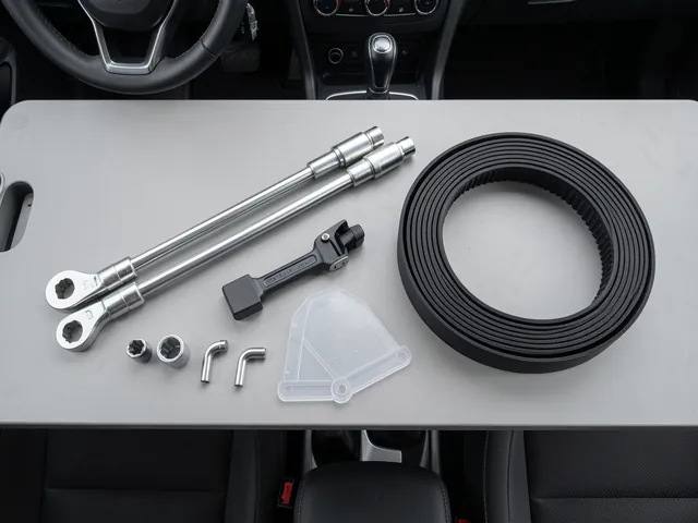 Serpentine belt tools on a workbench, including a tensioner bar, ratcheting wrench, sockets and a coiled ribbed belt