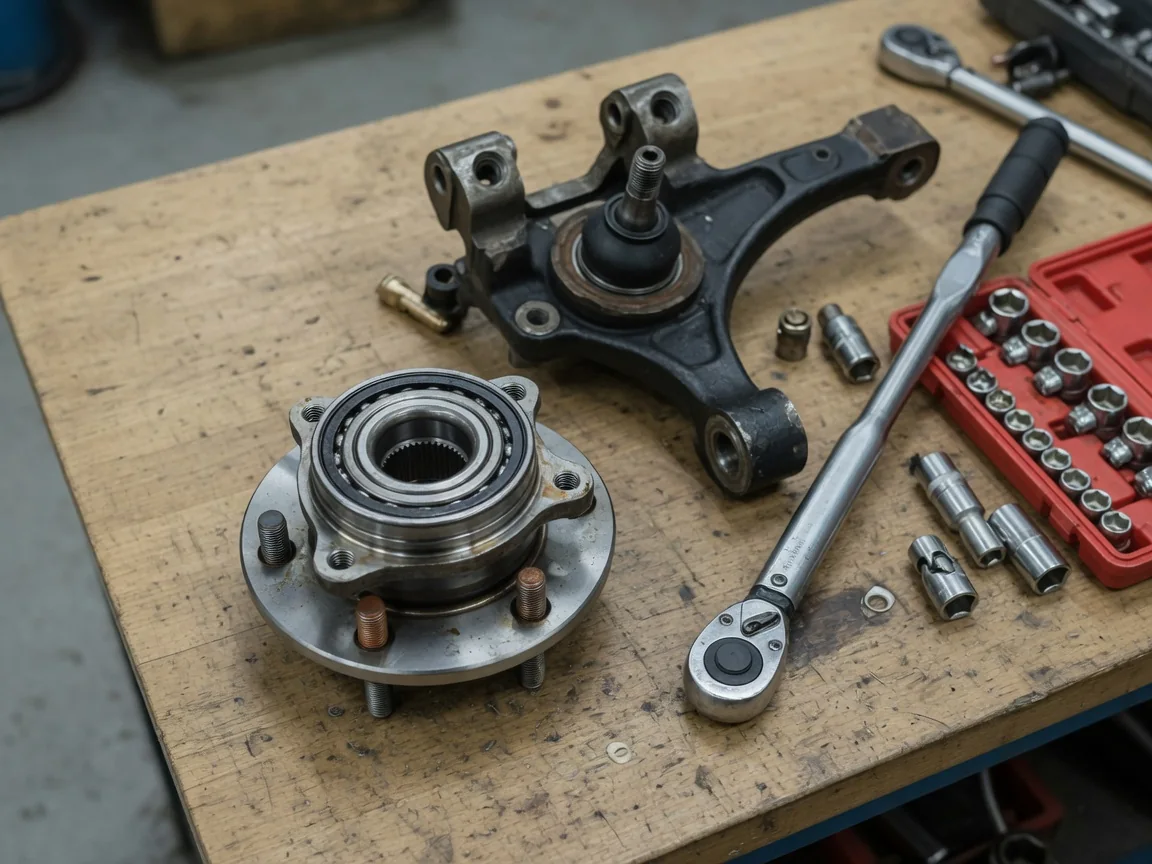 Wheel hub bearing assembly and tools on a workshop bench during replacement