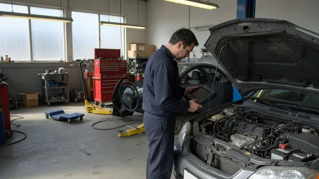 Technician reviewing fuel pressure data on a scan tool beside a parked vehicle