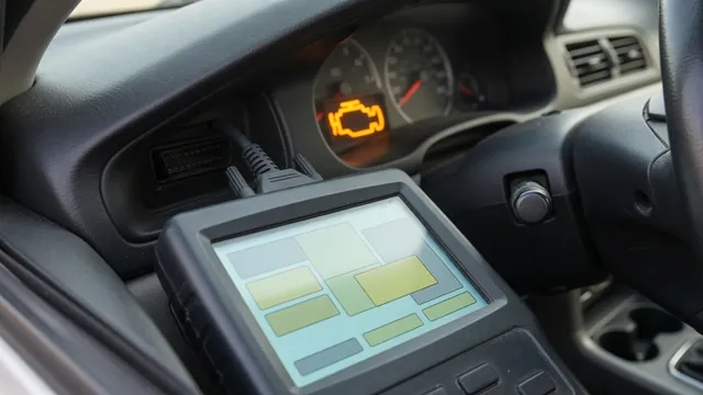 OBD-II scan tool plugged into a car's diagnostic port, with the check engine light on in the instrument cluster