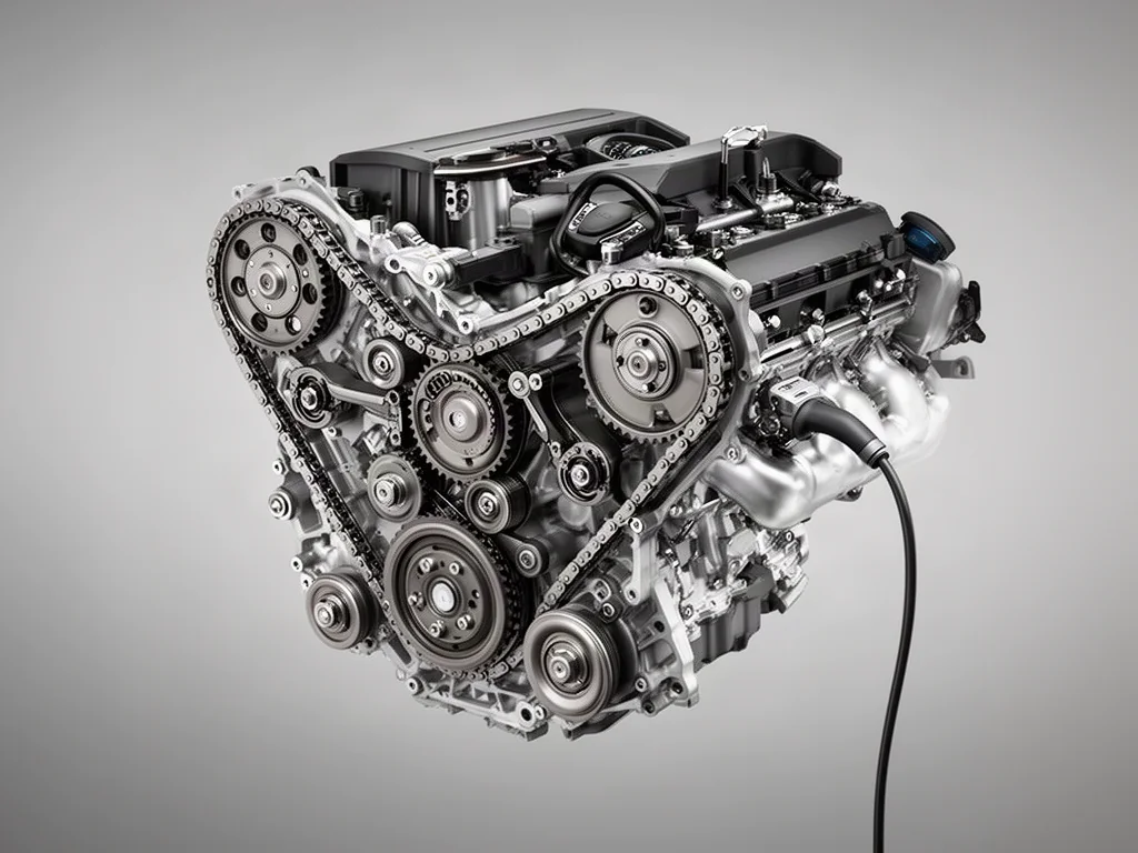 Illustration of a Ford 3.5 V6 timing chain assembly with chains, guides, and sprockets visible