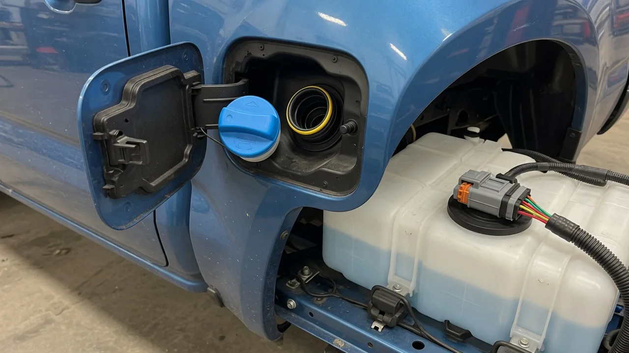 Blue diesel exhaust fluid filler cap and DEF tank wiring connector on a diesel pickup truck