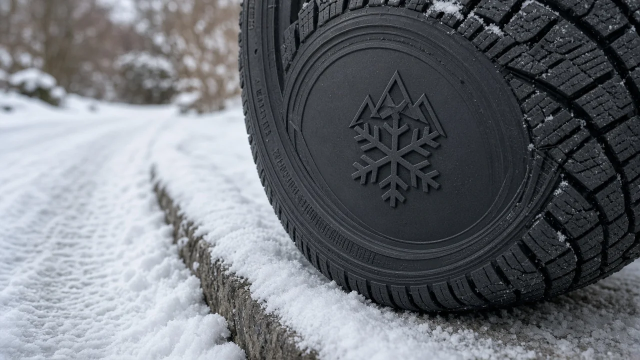 Winter tire sidewall showing a three-peak mountain snowflake symbol beside a snow-covered driveway
