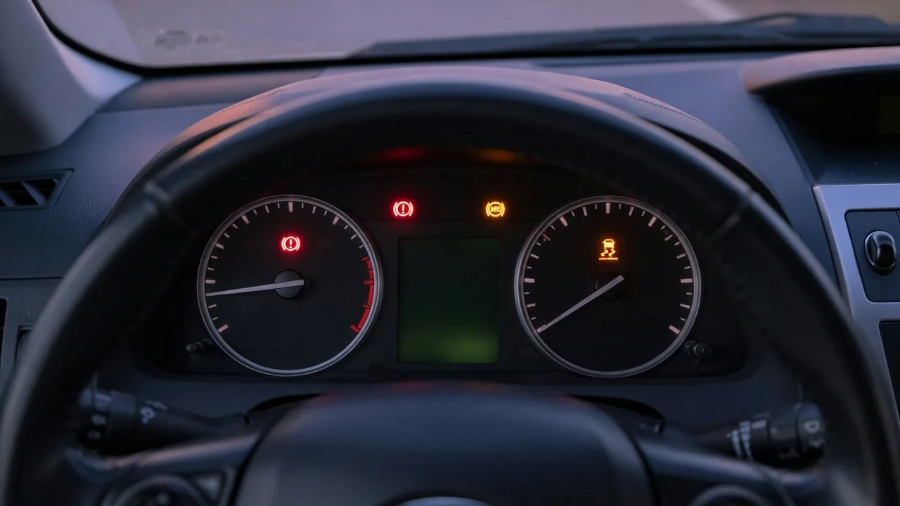 Vehicle dashboard with brake, ABS, and stability-control warning symbols illuminated