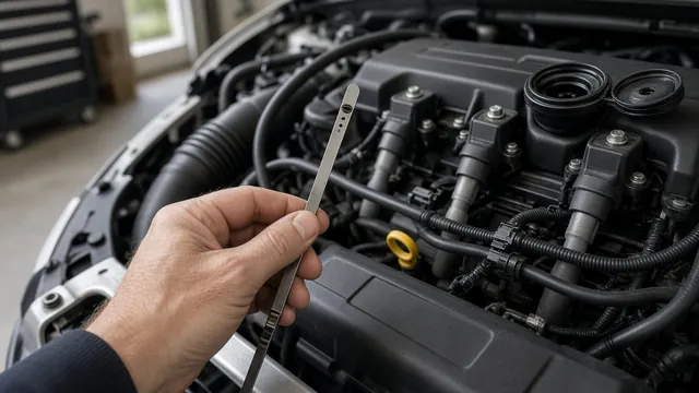 Hand holding an engine oil dipstick above an open engine bay, checking the oil level while looking into a misfire