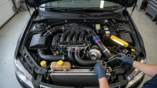 Dodge Dart 1.4T engine bay with the turbocharger area visible during a professional inspection