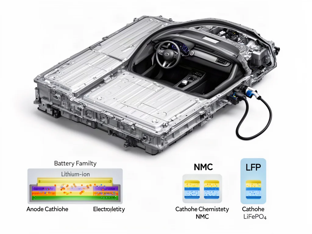 Illustration of an EV battery pack with labeled lithium-ion, NMC and LFP chemistry details