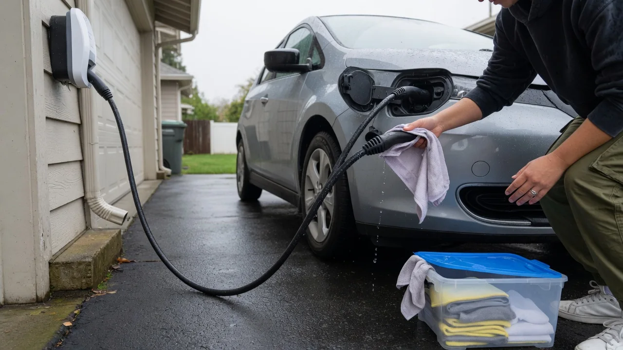 Automotive scene illustrating How to Keep an EV Charging Cable Clean and Dry