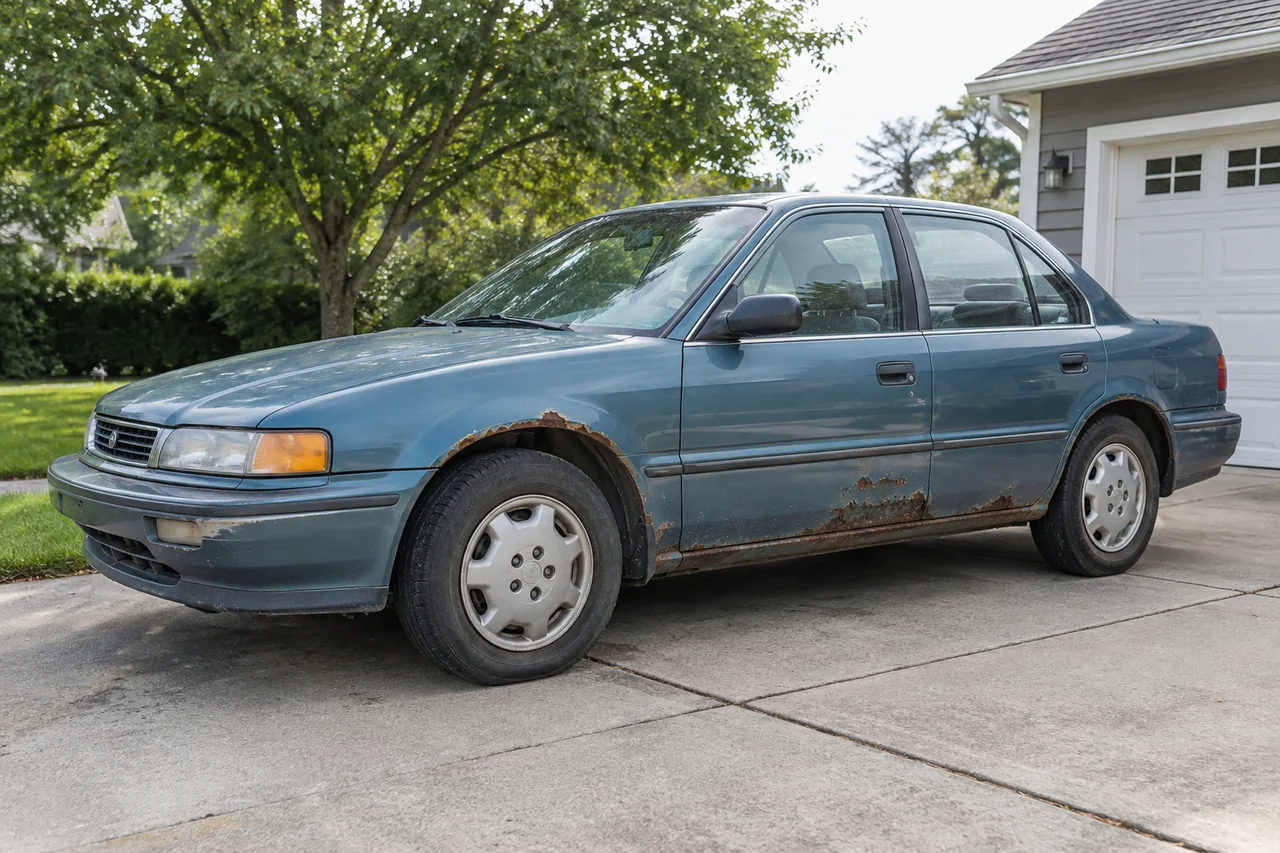 Visible rust along a parked used car’s lower door edge and wheel arch