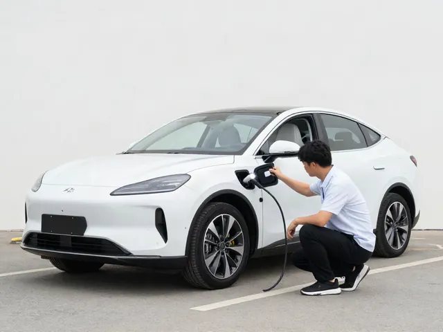 Buyer checking the charge port of a used electric sedan during a pre-purchase inspection in daylight