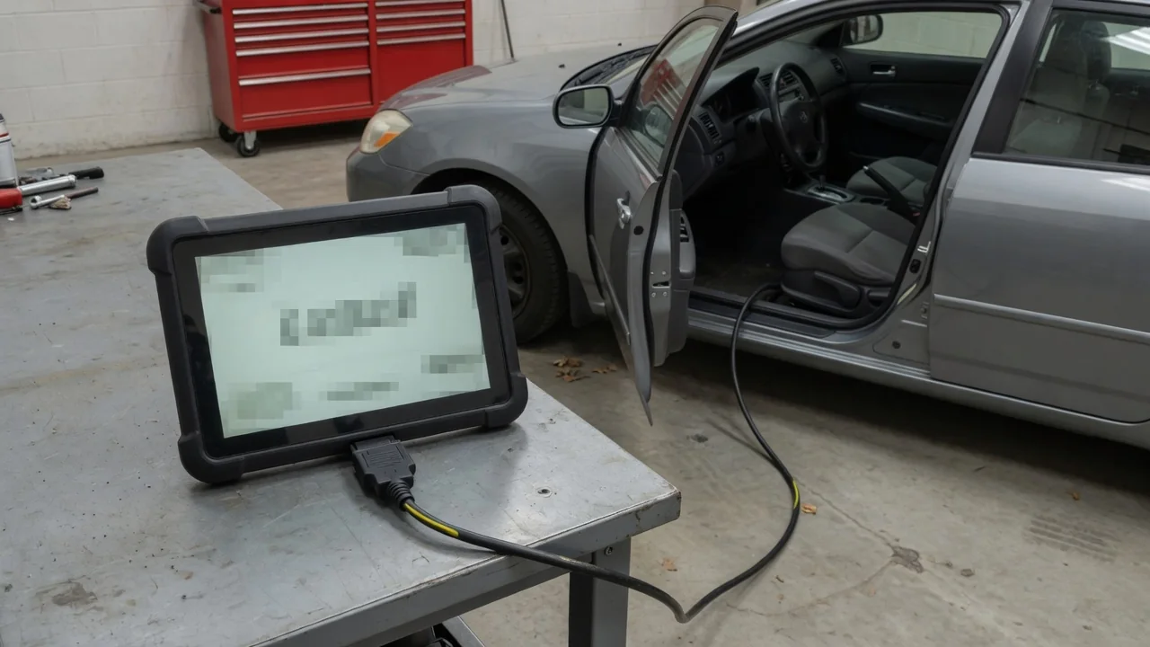 Diagnostic scanner beside a vehicle dashboard displaying the P1236 trouble code