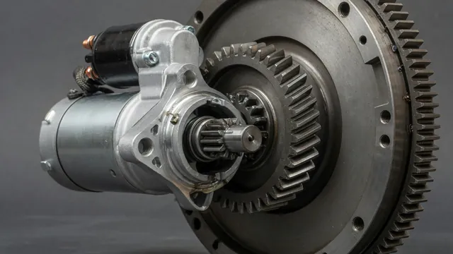 Illustration of a starter pinion engaging the flywheel ring gear in a car starting system