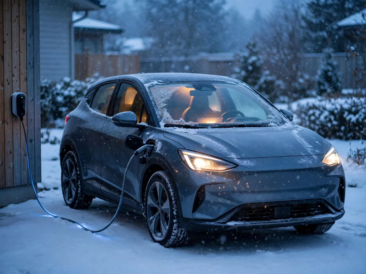 Electric crossover charging at a home wall charger in a snowy driveway on a cold winter evening