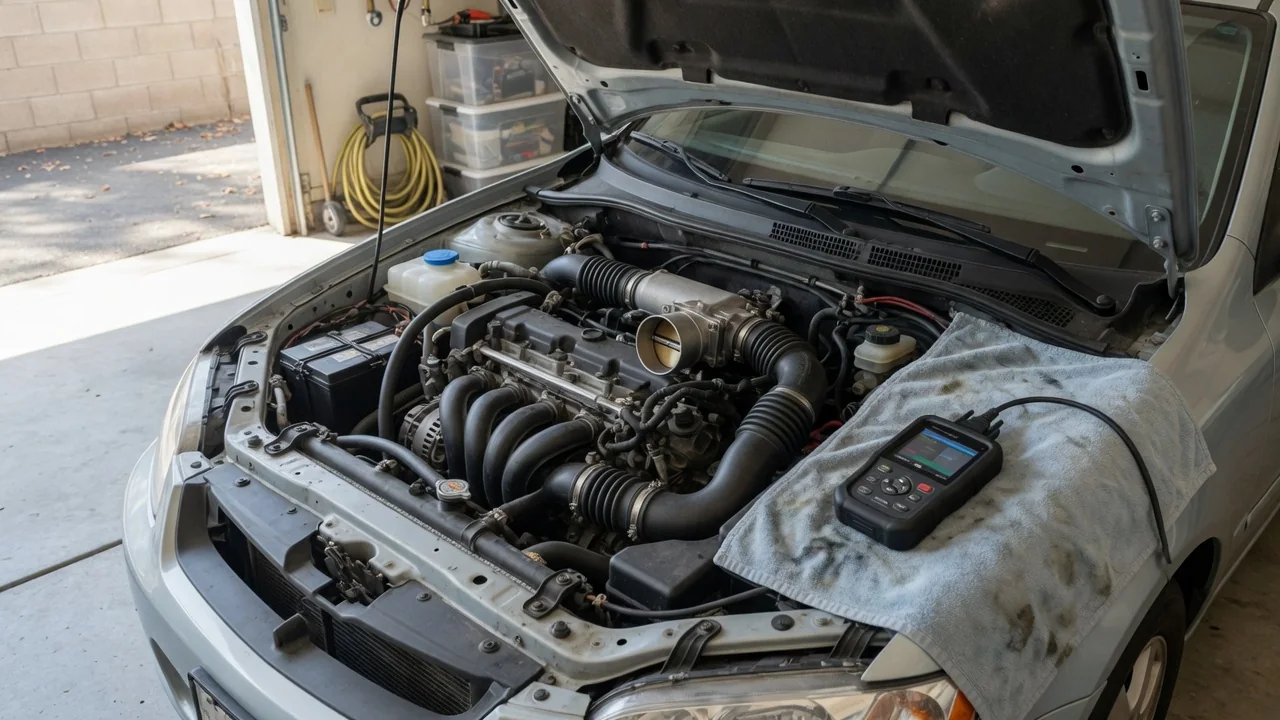 Open engine bay of a compact car with an OBD-II scanner on the fender while checking for a rough idle