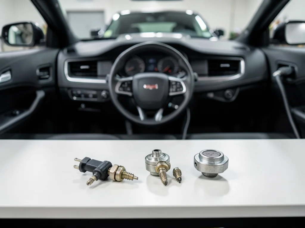 Spark plugs and an ignition coil arranged on a clean workbench beside a Dodge Charger