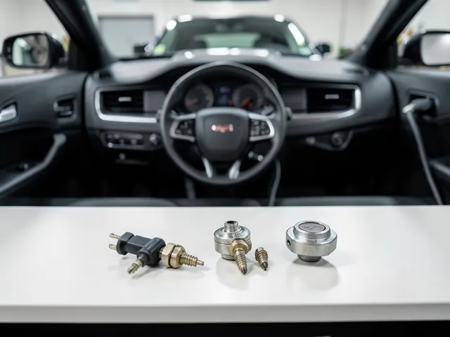 Spark plugs and an ignition coil arranged on a clean workbench beside a Dodge Charger
