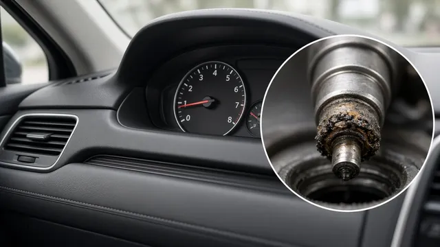 Car idling with an uneven tachometer reading and an inset illustration of a fuel injector