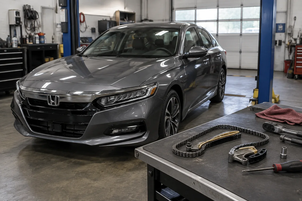 Honda Accord in a service bay with a timing chain and tensioner displayed on a workbench