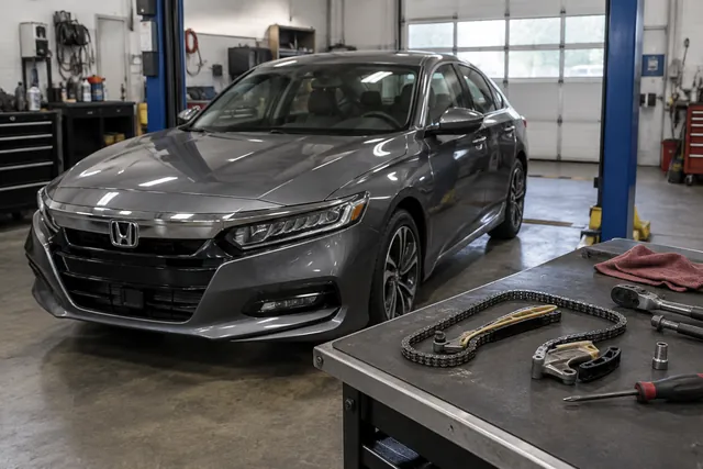 Honda Accord in a service bay with a timing chain and tensioner displayed on a workbench