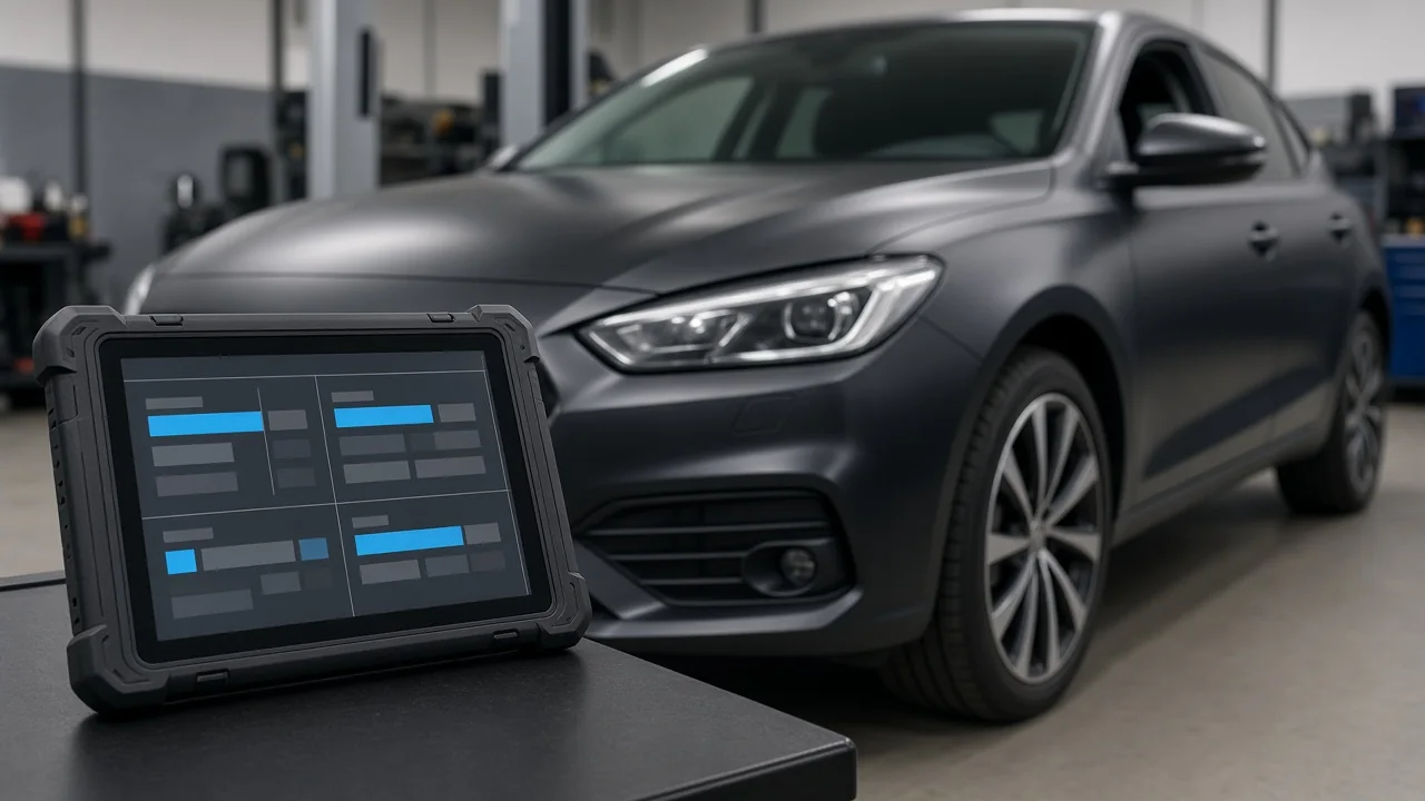 Diagnostic scan tool beside a vehicle with C0700 and C0701 displayed