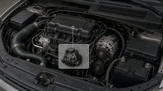 Ford 6.0 Powerstroke engine bay with the high pressure oil pump area identified
