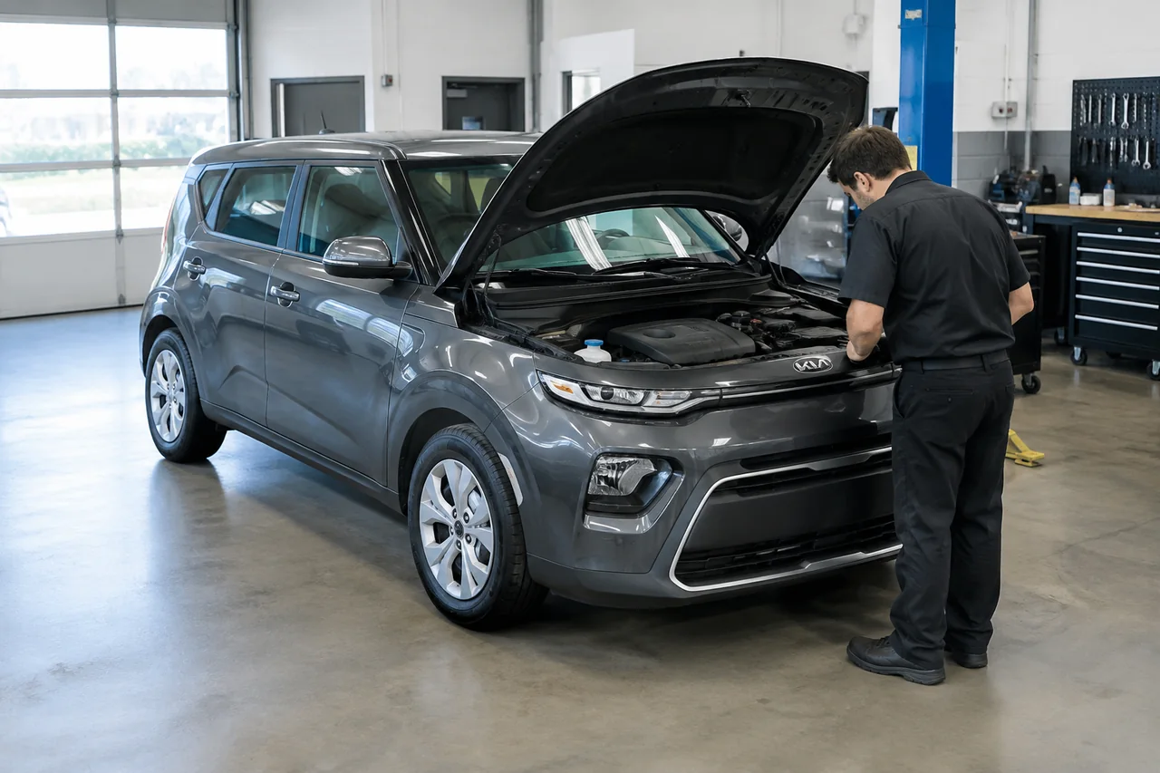 Kia Soul parked at an automotive service bay for an engine inspection