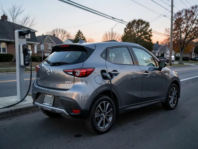 Mazda MX-30 electric crossover plugged in at a public charging station at dusk